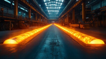 Fototapeta premium Glowing metal rolls navigate the expansive factory floor, casting warm light in an atmosphere rich with industrial energy and craftsmanship