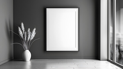 A large empty picture frame hangs on a dark grey wall in a modern interior. A vase of dried grass adds a touch of natural texture to the minimalist design.