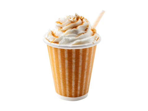 Pumpkin spice latte topped with whipped cream isolated on transparent or white background