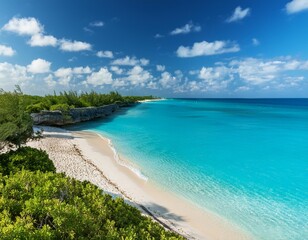 Fototapeta premium Beautiful Nassau beach with clear blue waters and lush green surroundings.