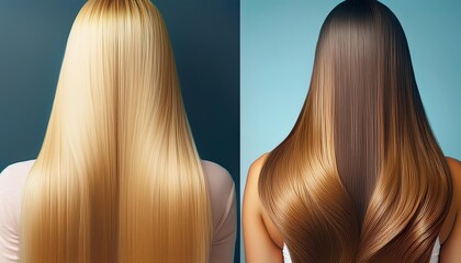 Naklejka premium Before and after Hair extensions give women thicker, longer hair with beautiful volume.