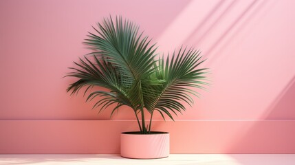 Obraz premium A vibrant potted palm against a pink wall, creating a modern and stylish interior ambiance.