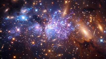 Obraz premium A galactic cluster with diverse galaxies, each showcasing unique characteristics and colors, viewed from a nearby nebula, vibrant and detailed,