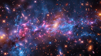 Fototapeta premium A galactic cluster with galaxies of unique characteristics and vibrant colors, viewed from a distant star, dynamic and grand, showcasing the vastness and beauty of this cosmic scene. --ar 16:9 --v 6.