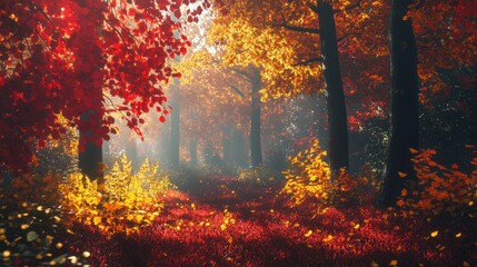 Autumnal Forest Landscape with Golden and Red Leaves