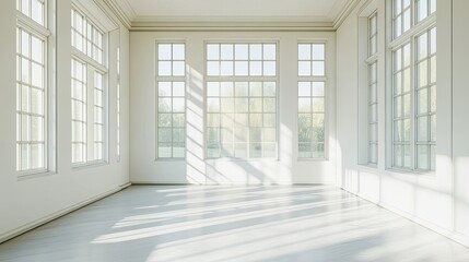 Fototapeta premium An empty room with clean white walls and large windows that flood the space with sunlight, casting gentle shadows.