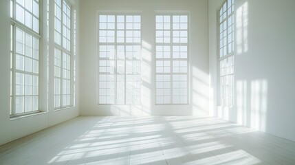 Fototapeta premium An empty room with clean white walls and large windows that flood the space with sunlight, casting gentle shadows.