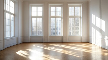 Obraz premium An empty room with large, bright windows filling the space with soft daylight, creating a calm and peaceful atmosphere.