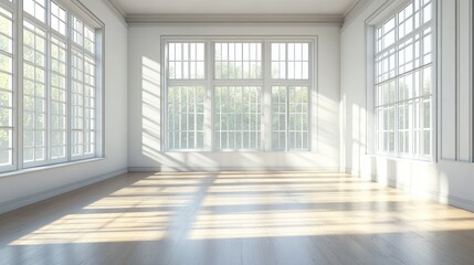An empty room with large, bright windows filling the space with soft daylight, creating a calm and peaceful atmosphere.