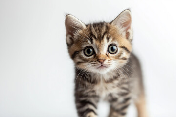 Tabby kitten curiously looking ahead with wide eyes, set against a plain white background, capturing its innocent and playful nature.