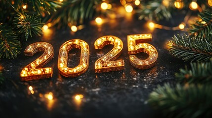 Golden 2025 New Year's Eve Number with Pine Branches and Lights