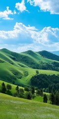 Obraz premium A beautiful mountain landscape with a clear blue sky. The mountains are covered in lush green grass and trees. The scene is peaceful and serene, with the mountains providing a sense of calm