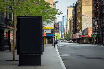 Naklejka premium Urban city street view with a large black empty billboard in the foreground. The background shows a quiet street lined with buildings. Ideal for copy space and advertising mockup purposes.