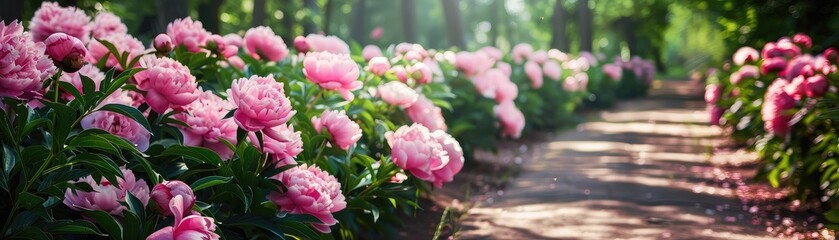 Pink peonies blooming along a path in a garden.
