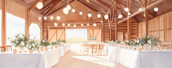 Elegant rustic venue decorated with flowers and lights, perfect for weddings and celebrations in a serene, wooden setting. watercolor Style.