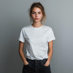 Casual woman in a plain white t-shirt standing against a gray background, perfect for apparel mockups and fashion designs with copy space.