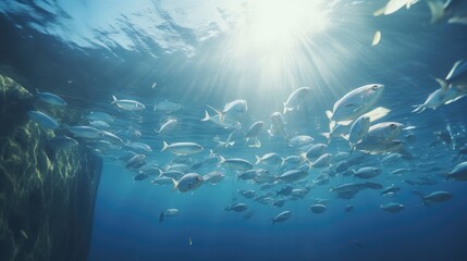 Fototapeta premium A group of marine animals swim in the colorful reef.