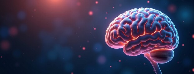 Obraz premium Glowing 3D Brain in Neon Colors Representing Intelligence Against Dark Background with Copy Space