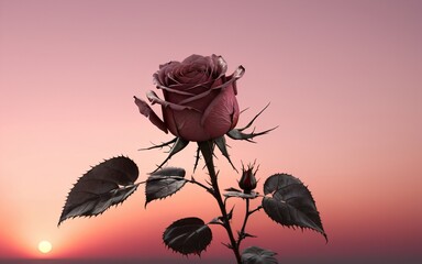 A single, wilted rose, thorns exposed, against a fading pink sunset.