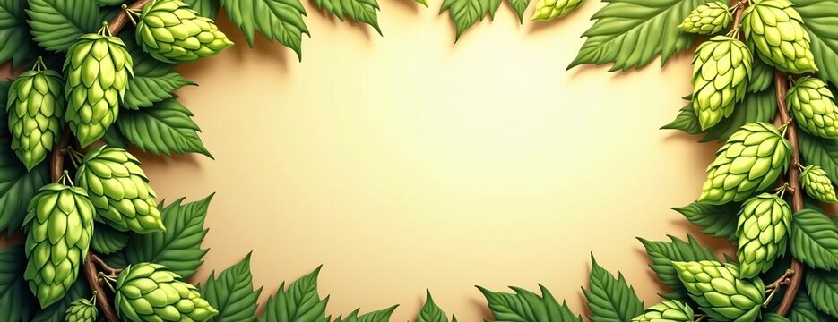 Fresh hop cones and leaves frame in green against beige background with copy space