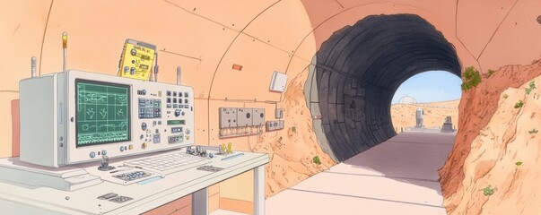 Obraz premium A detailed view of a futuristic control room leading to a massive tunnel, showcasing advanced technology and minimalist design. watercolor Style.