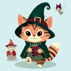 The illustration shows a cat scientist. A cat wizard. In a wizard's hat. Illustration meme