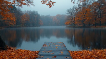 A peaceful lake reflects vibrant autumn leaves under a soft morning mist, inviting contemplation...