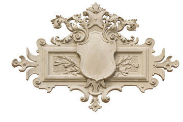 A wall emblem with a floral ornament and an empty shield. White background