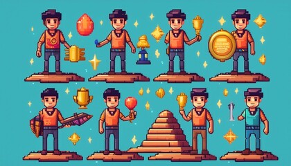 Collect pixel game awards and elements to build your adventure game. Design your hero's moves. Use retro sprites from the 80s and 90s. Create perfect pixel graphics.