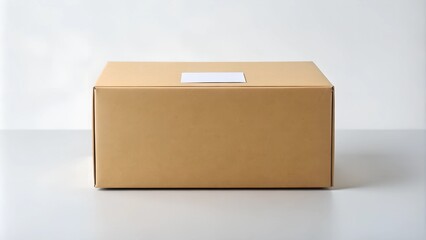 Create an image of a brown cardboard box with a white label in the center on a plain, light background 