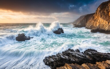 Obraz premium Dramatic coastal landscape with ocean waves crashing on rocks.