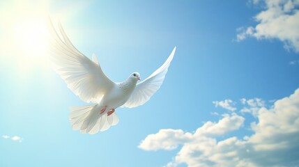 White Dove in Flight Against a Blue Sky