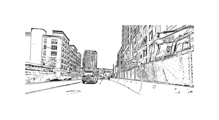 Building view with landmark of Stamford is the city in USA. Hand drawn sketch illustration in vector.