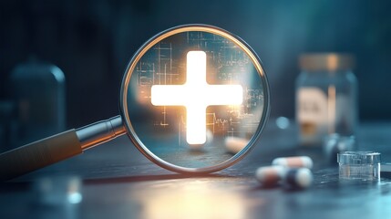 Magnifying glass focusing on a glowing white plus sign, highlighting the concept of positivity, healthcare, and adding value in an abstract composition.