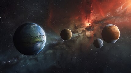 Obraz premium A red dwarf star illuminating its close-orbiting planets, each with unique landscapes and atmospheric conditions, viewed from a nearby moon, vibrant red hues,