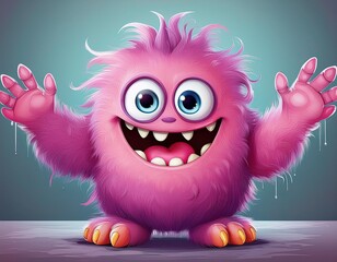 Naklejka premium Cute pink monster with silly expression waving its hands. Digital art isolated. Fun Halloween design.