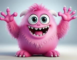 Cute pink monster with silly expression waving its hands. Digital art isolated. Fun Halloween design.