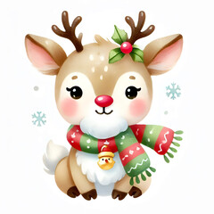 Charming cartoon illustration of a baby reindeer wearing a festive scarf, holly, and bell, perfect for Christmas designs and holiday cards.