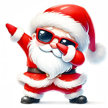 Fun and trendy cartoon illustration of Santa Claus dabbing while wearing red sunglasses, perfect for modern Christmas designs and holiday cards.