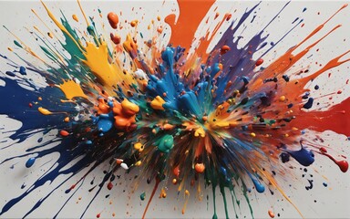 A chaotic explosion of paint splatters on a canvas.