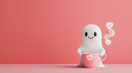 A cute ghost character holds a pink cup with love hearts. Perfect for whimsical and playful themed designs.
