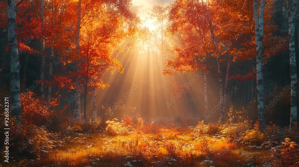 Poster golden sunlight filters through vibrant autumn leaves, creating a serene atmosphere in the peaceful 