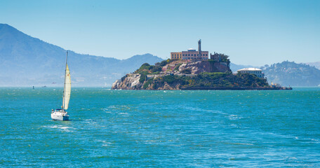 Yacht in San Pablo Bay near San Francisco and Alcatraz Island
