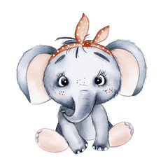 Cute watercolor baby elephant. Hand drawn illustration.