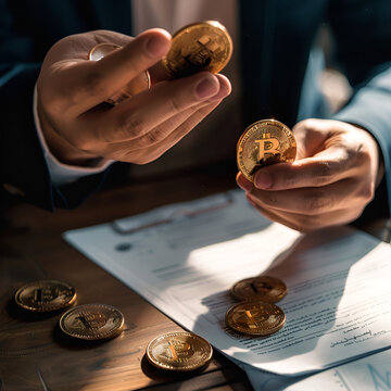 an image of office in duba city, the man is tting in office holding coins of bitcoins in one hand and in other hand there is legal document