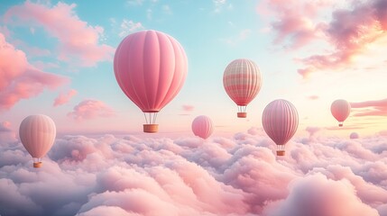 Obraz premium Colorful hot air balloons float delicately above clouds during a dreamy sunset, creating a serene and magical atmosphere.