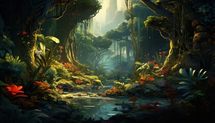 Fototapeta premium Dense jungle flat design side view lush vegetation 3D render Splitcomplementary color scheme