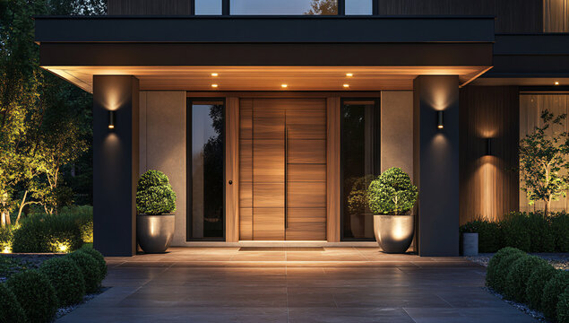 Modern House Entrance with Wooden Door at Night.