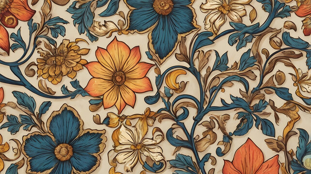 Floral Tapestry: A rich and intricate tapestry pattern featuring vibrant floral motifs in a captivating blend of blue, orange, and yellow hues, creating a luxurious and timeless design.   - Powered by Adobe