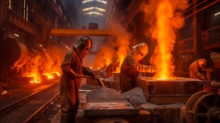steel mill with furnaces melting metal and workers
